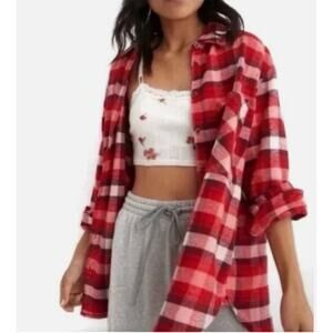 Aerie Anytime Fave Oversized Red Flannel Shirt warm soft sz XL